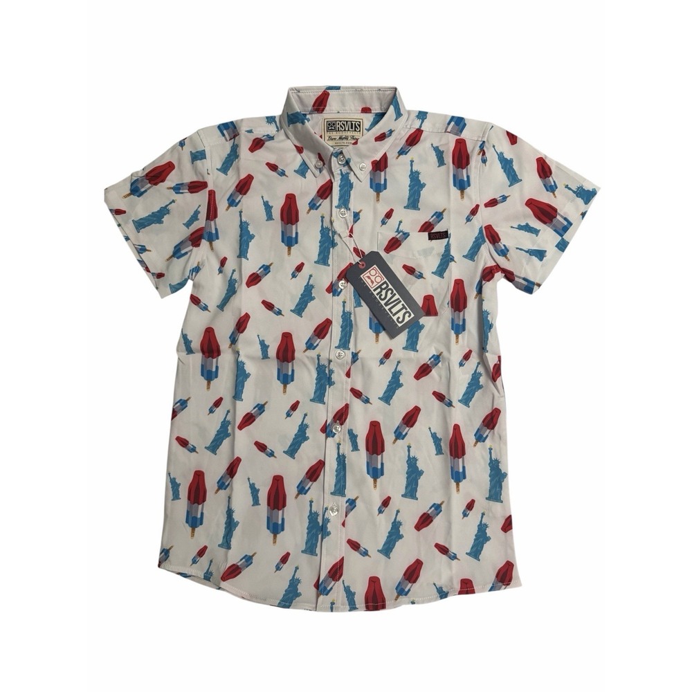 RSVLTS Boys Medium Button Up Statue Liberty Popsicles Shirt Performance Stretch